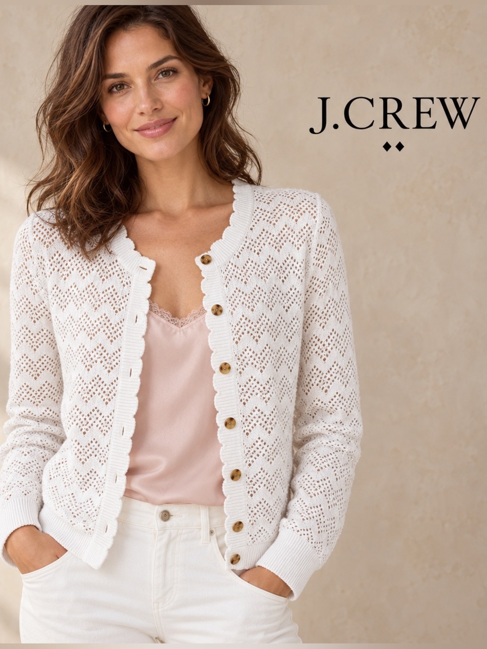 🌸J. Crew Crochet White Pointelle Scallop-Trim Cardigan Cotton size L Preppy